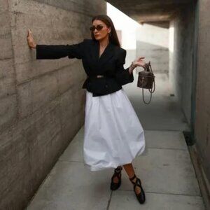 NEW Zara High Waist Balloon Midi Skirt White Women's XS Voluminous Cotton Poplin